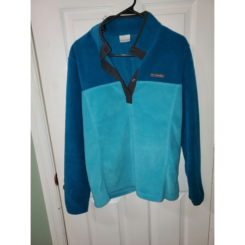 Columbia Womens Fleece Pullover Snap Mock Neck Blue Two Tone Large